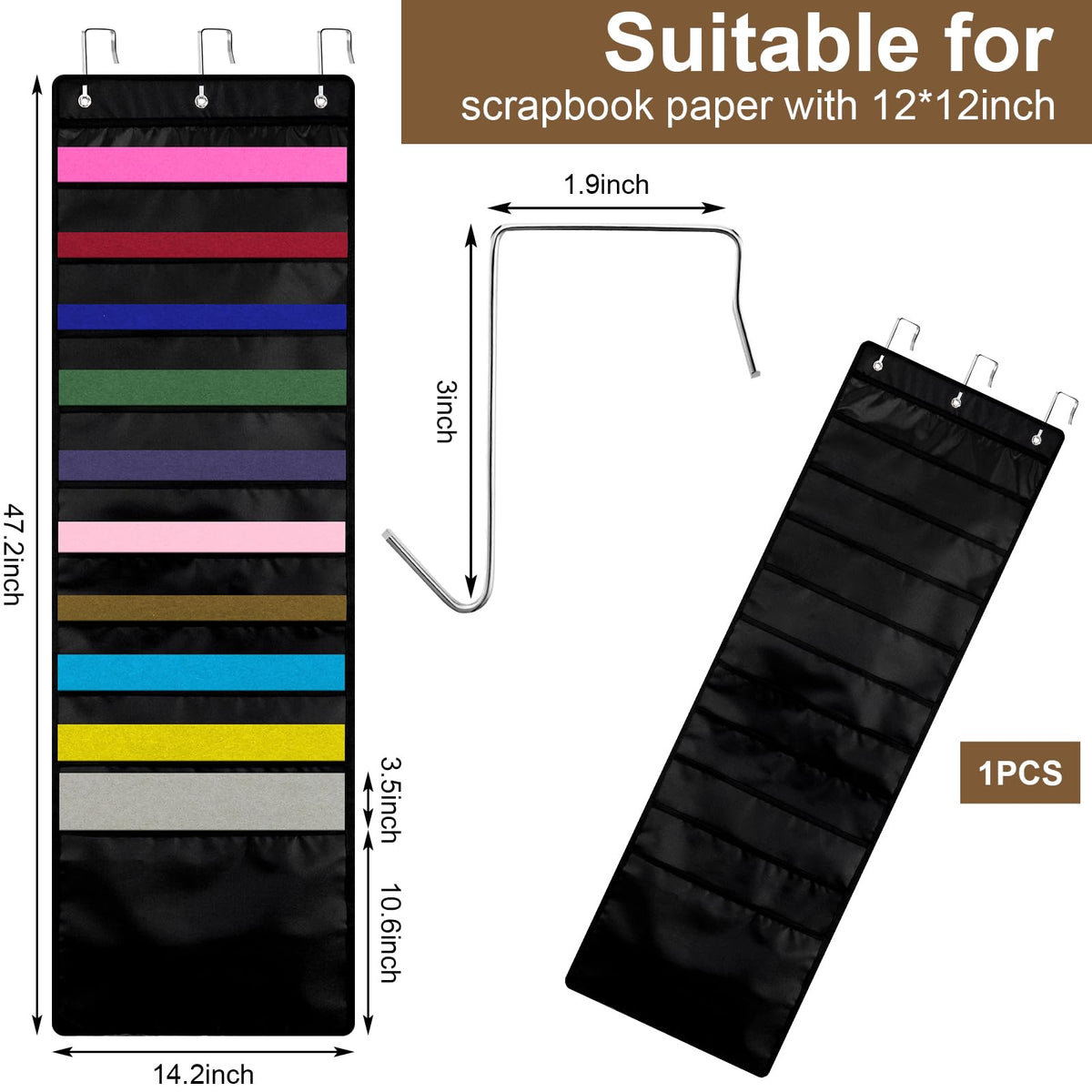 Henoyso 1 Pcs Hanging Wall File Storage 10 Pocket Paper Organizer, Black