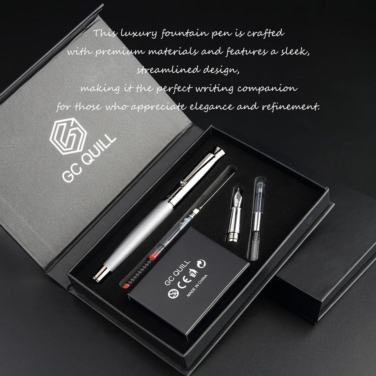 GC QUILL Fancy Fountain Pen Set – Fine and Medium Nibs, 18 Ink Cartridges, Ink Converter, Syringe