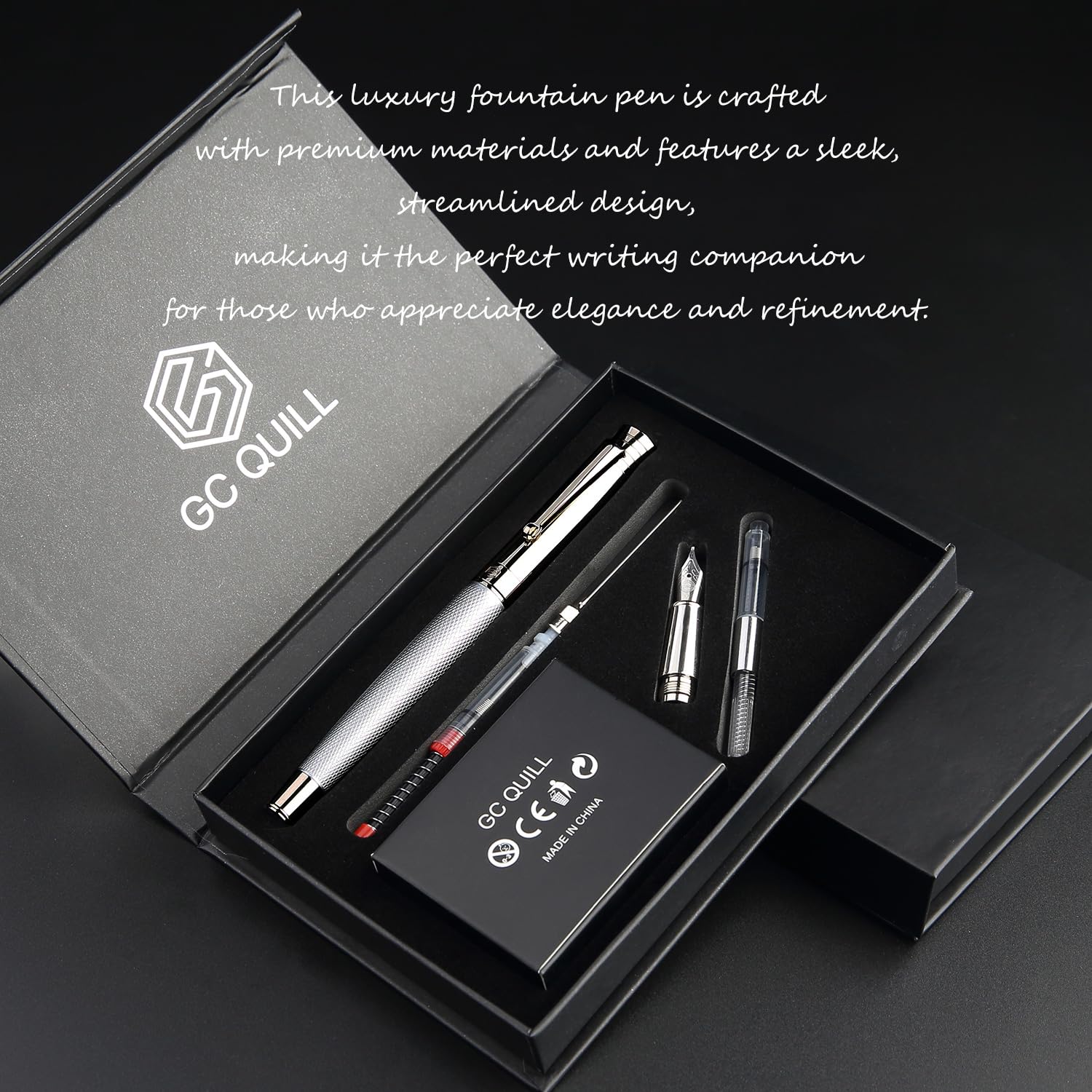 GC QUILL Fancy Fountain Pen Set – Fine and Medium Nibs, 18 Ink Cartridges, Ink Converter, Syringe