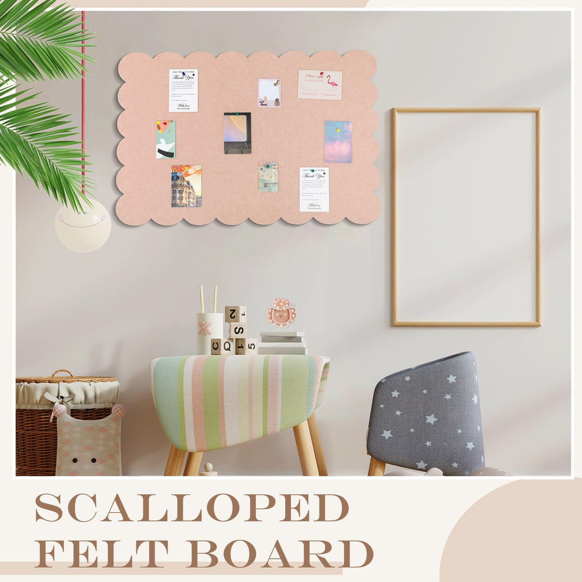 Mooliwe Scalloped Felt Bulletin Cork Board Foldable Flesh Pink 36 * 24 Inch