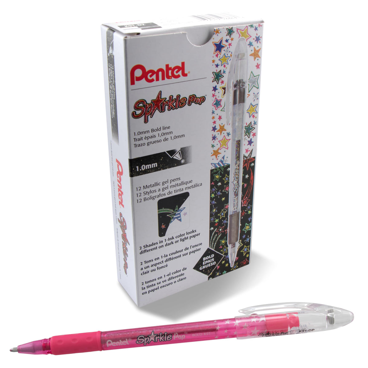 Pentel Sparkle Pop Metallic Gel Pen, (1.0mm) Bold Line, Pink, Box of 12 Pens (K91-DP)