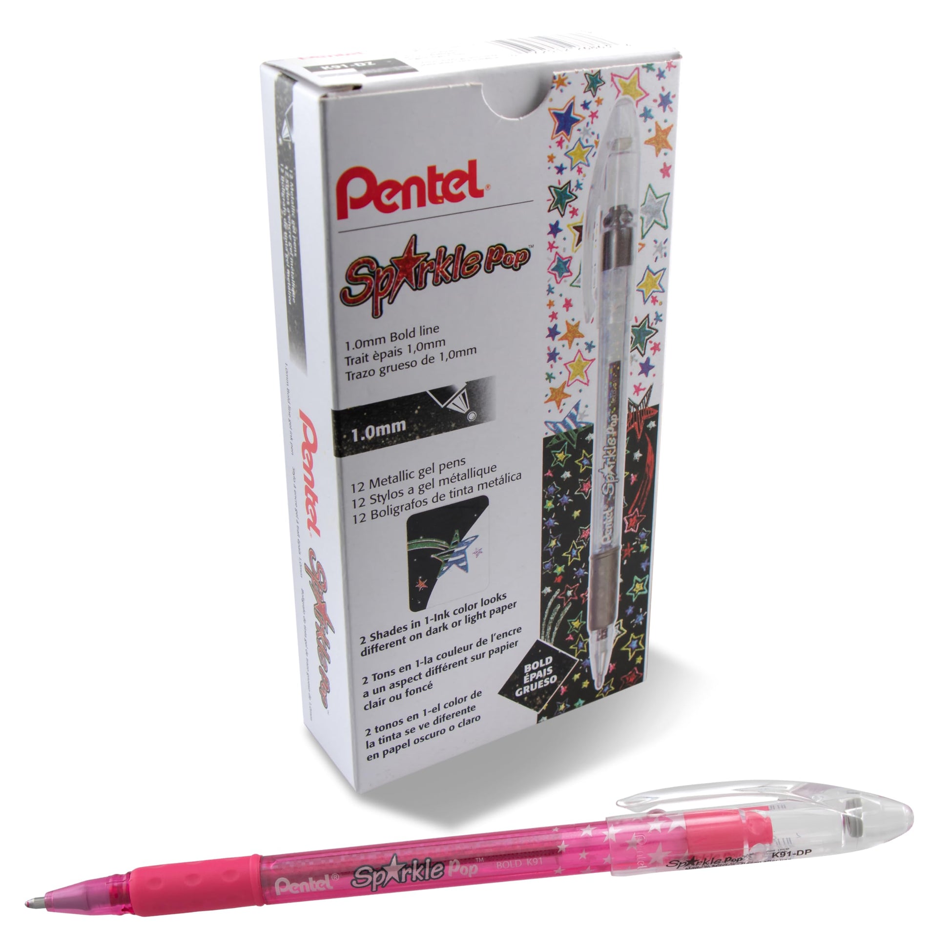 Pentel Sparkle Pop Metallic Gel Pen, (1.0mm) Bold Line, Pink, Box of 12 Pens (K91-DP)