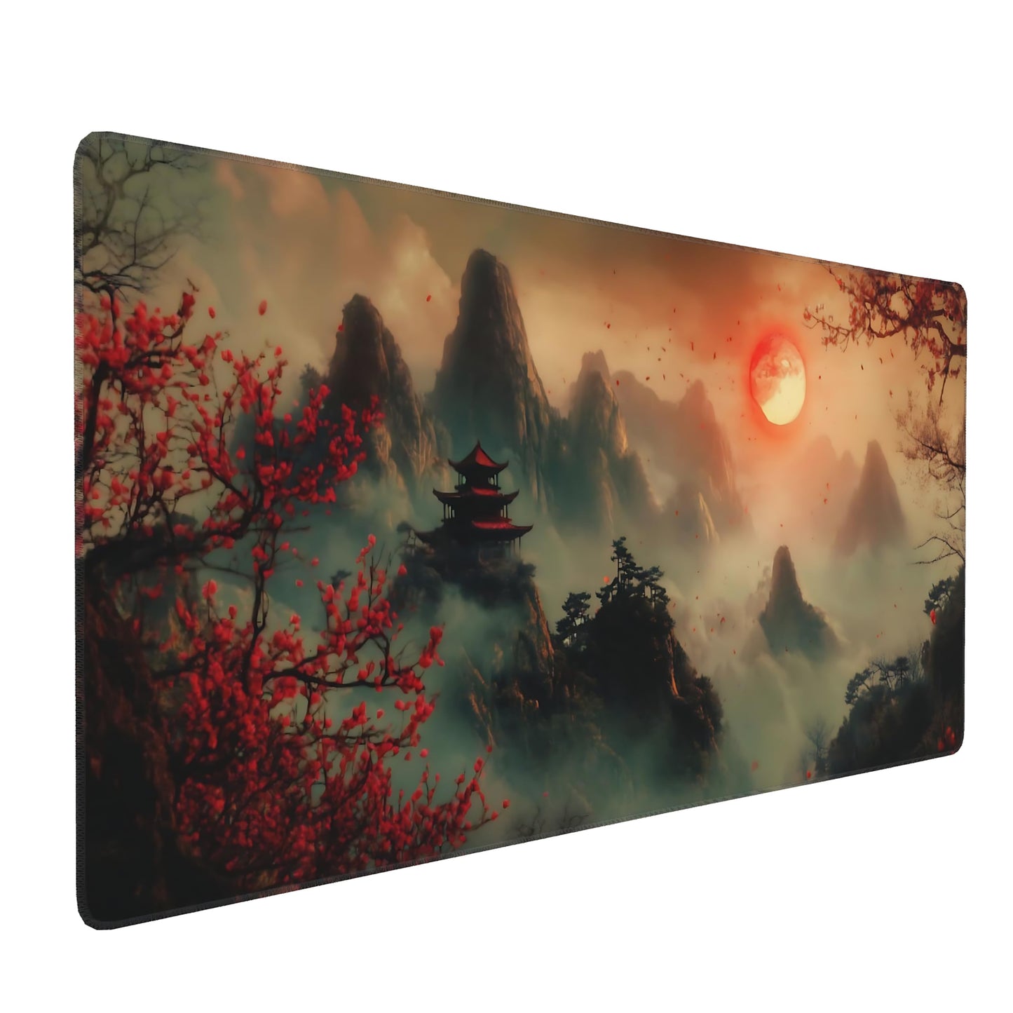 Aesthetic Scenery Gaming Mouse Pad, Green Red Japanese Desk Mat with Anti-Slip Base & Stitched