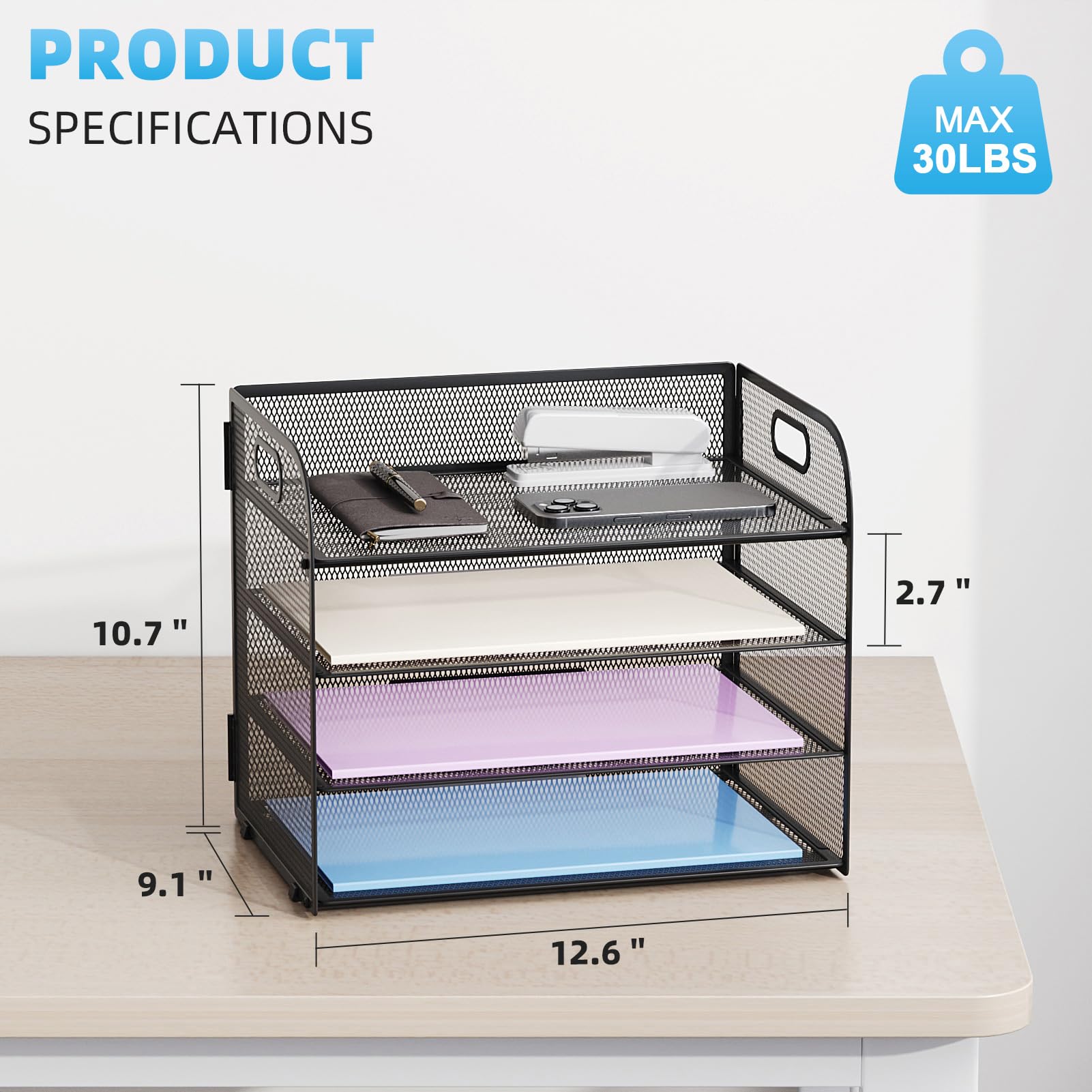 Marbrasse 4 Tier Paper Organizer Letter Tray - Mesh Desk File Organizer with Handle, Paper Sorter