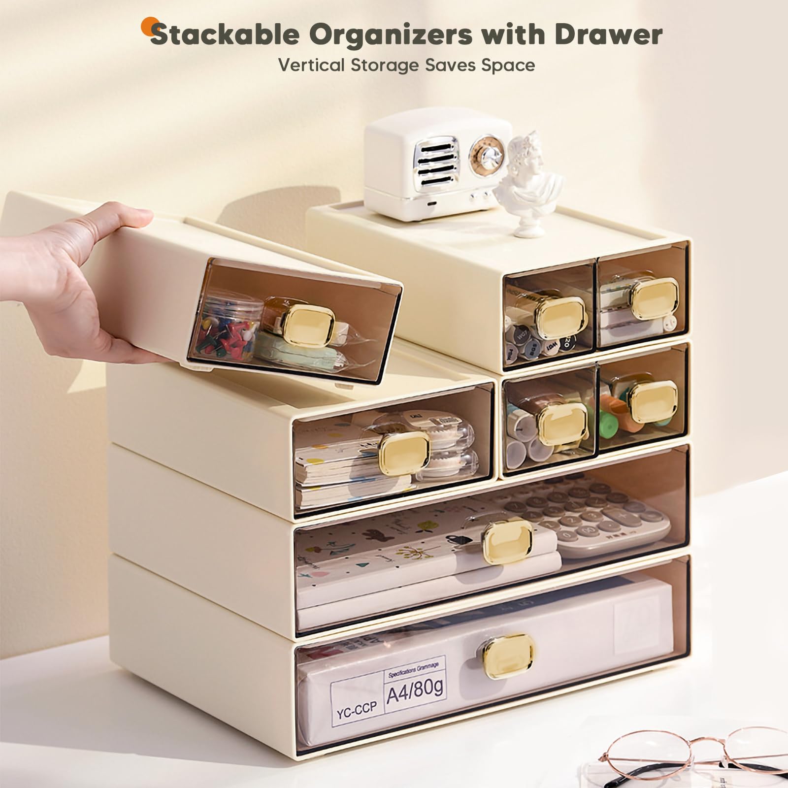 DETEIN Stackable Desk Organizer with Drawer 13'' Wide Large Desktop Storage Drawer Organizer Clear