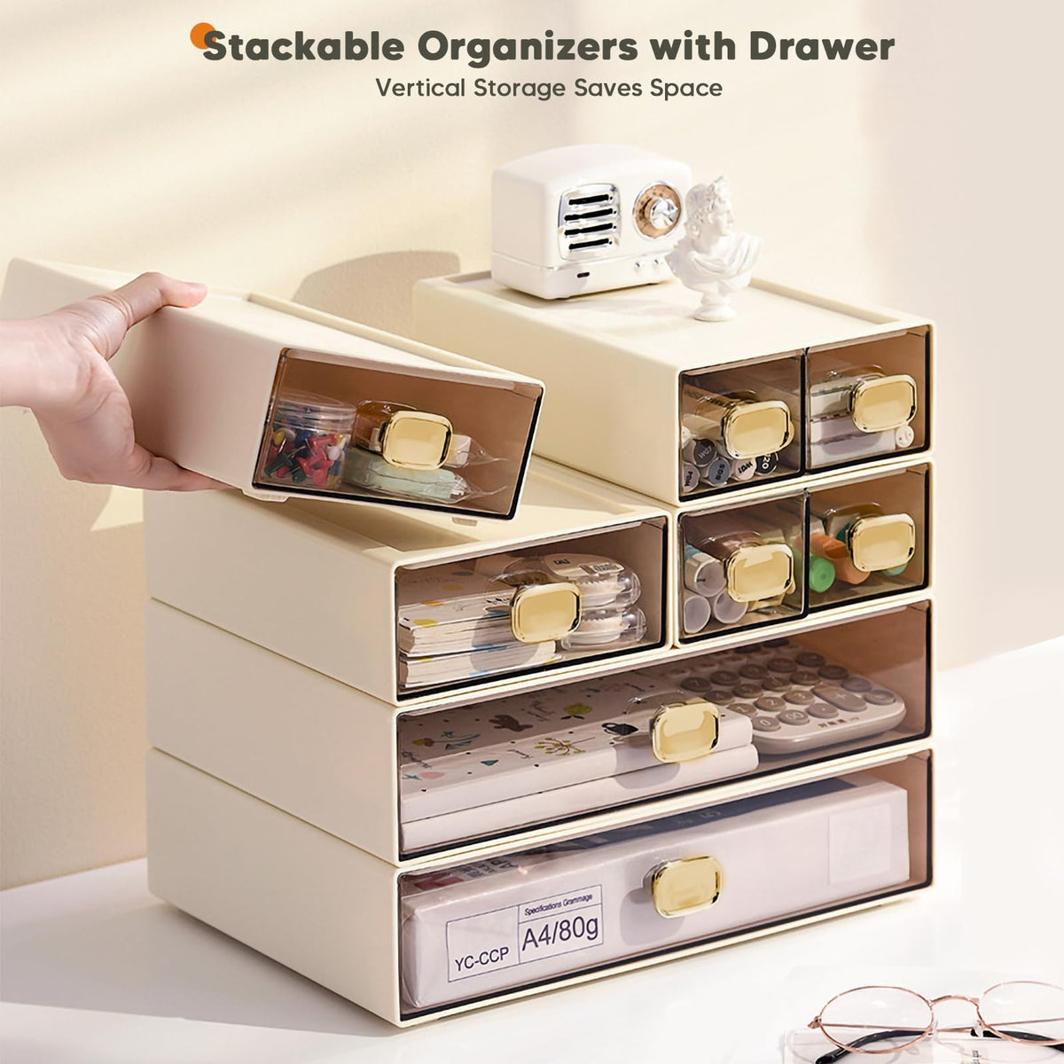 DETEIN 2PACK Stackable Desktop Storage Organizer Plastic Desk Organizer with Drawer Stacking Drawer