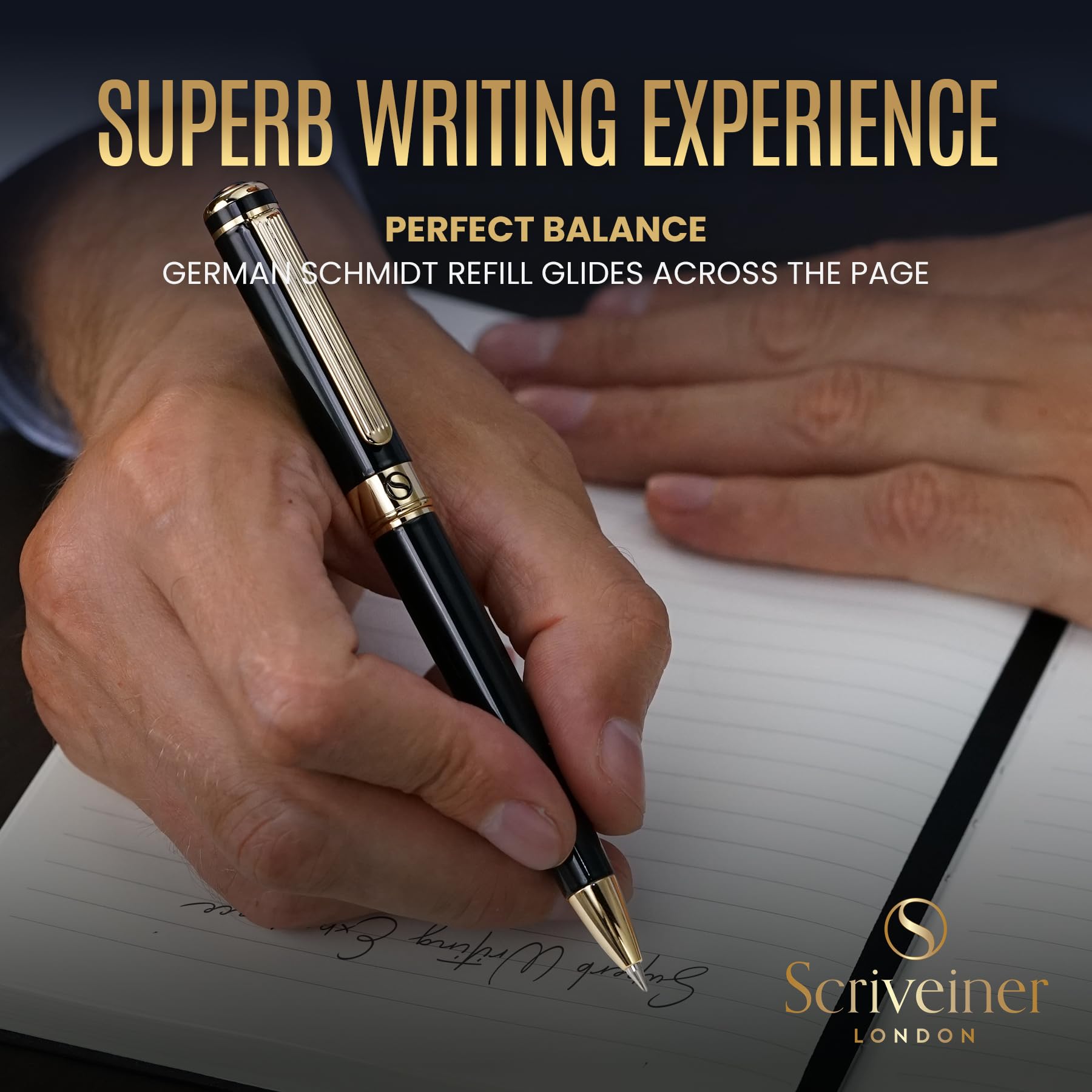 Scriveiner Black Lacquer Ballpoint Pen -Stunning Luxury Pen, Real Gold Plating, Schmidt Black