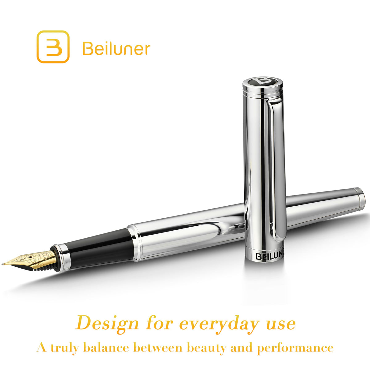 BEILUNER Silver Fountain Pen,Stunning Luxury Pens with Bright Silver Chrome, Gorgeous 24K Gilded
