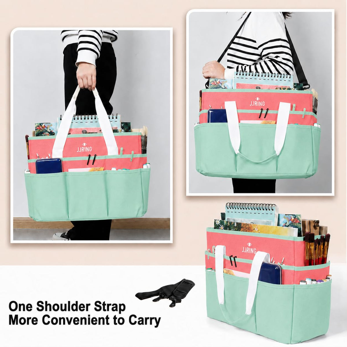 JJRING Craft Organizer Tote Bag Large Art Storage Caddy Green and Orange