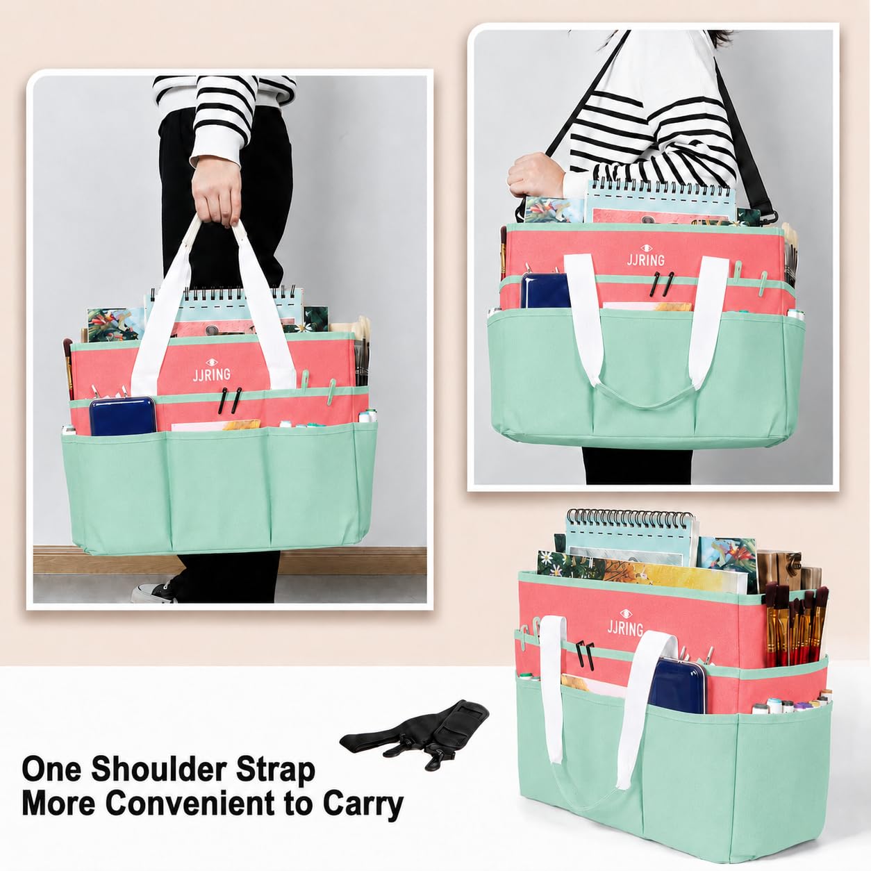JJRING Craft Organizer Tote Bag Large Art Storage Caddy Green and Orange