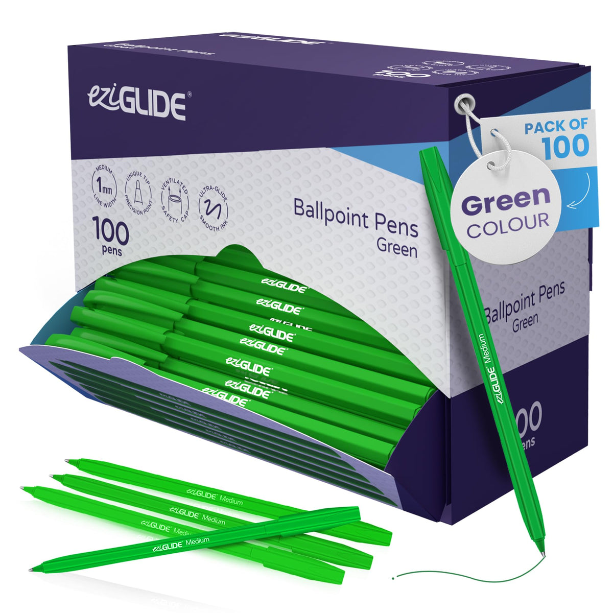 Eziglide 100-Pack Green Ballpoint Pens, Easy Grip & Medium Point (1.0mm)