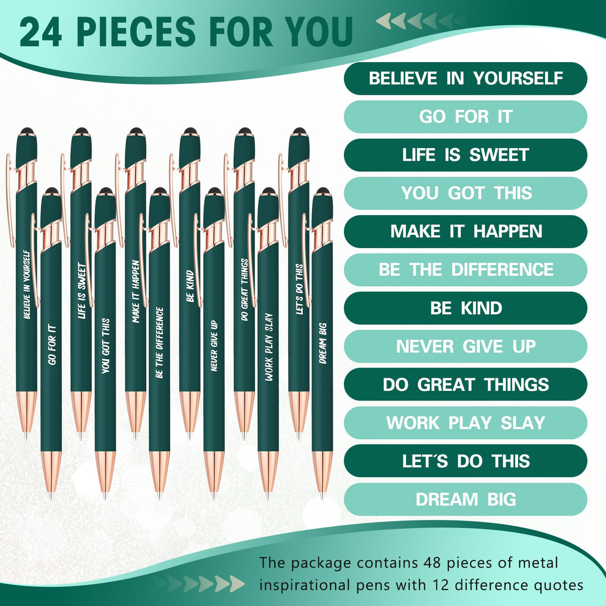 Yeaqee 24 Pcs Inspirational Ballpoint Pens Black Ink Stylus, Dark Green
