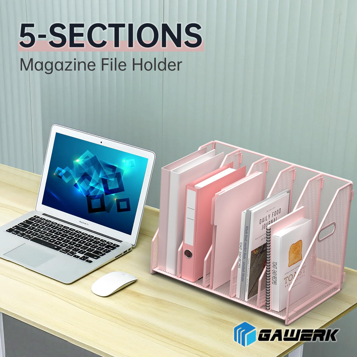 MINDEPOT Desk File Organizer Folder Holder with 5 Vertical for Office, Pink