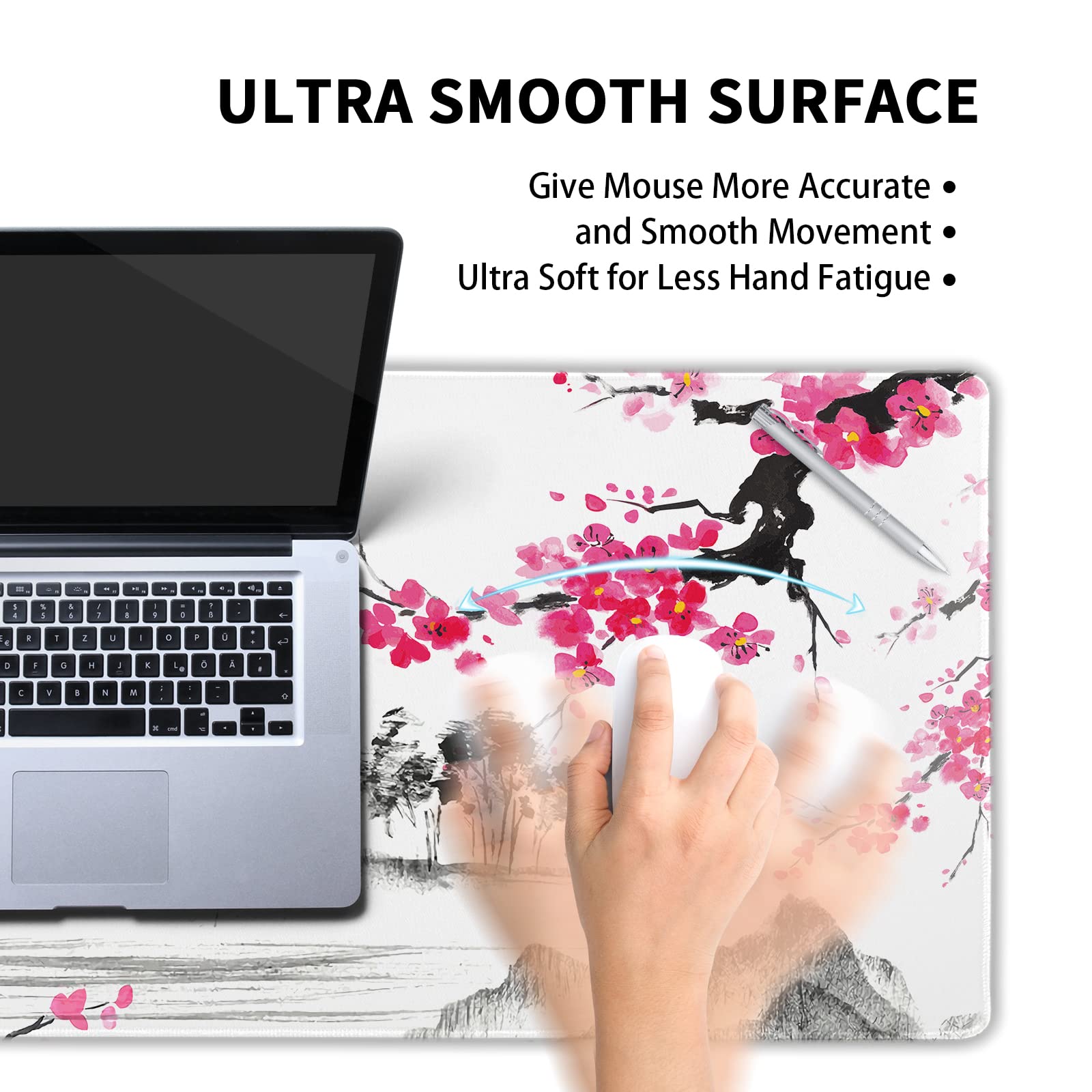 Watercolor Cherry Blossom Mouse Pad 35.4 X 15.7 Inch Japanese Hills Extended Large Pink Mouse Mat