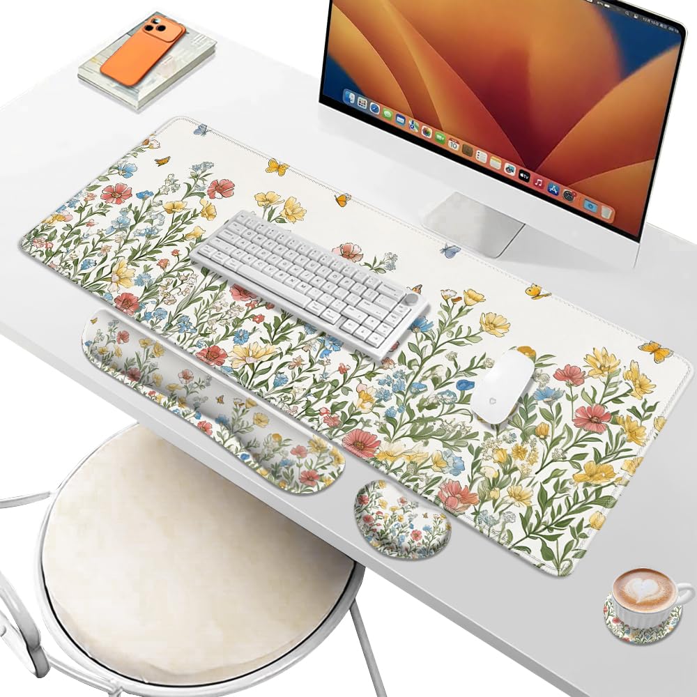 Desk Pad and Keyboard Wrist Rest, Large Mouse Pad + Keyboard Pad+Mouse Wrist Support, Non-Slip Desk