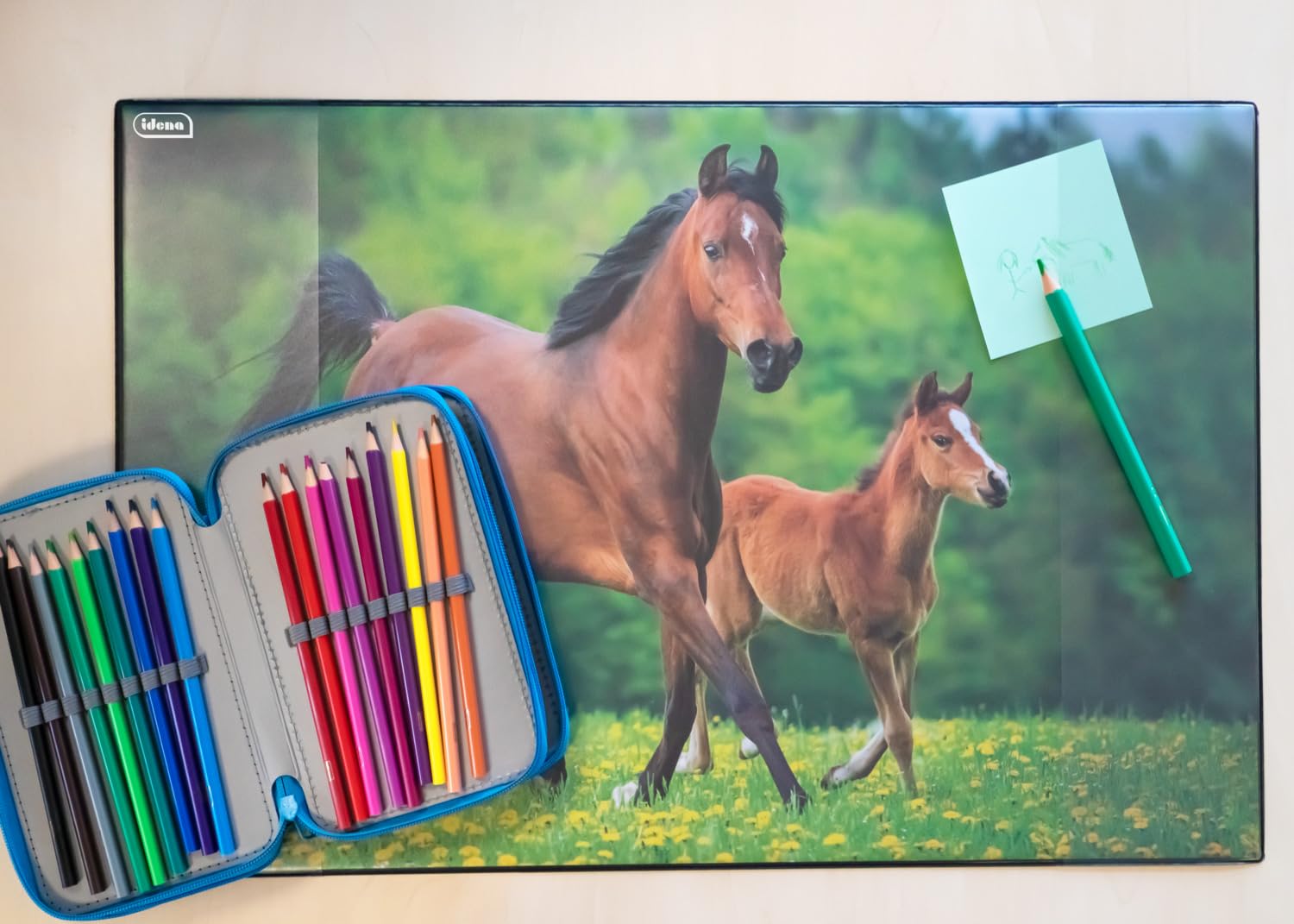 Idena 10454 Desk Mat with Two Pockets, Horse, Approx. 58.5 x 38.5 cm, Practical Accessory for