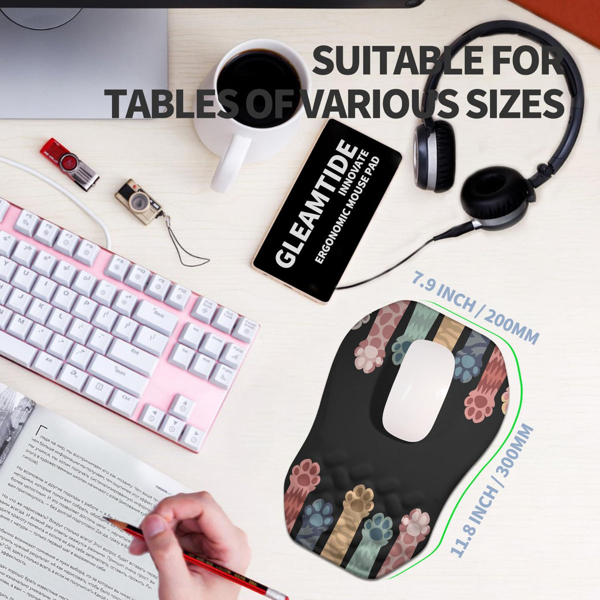 Gleamtide Ergonomic Raised Mouse Pad Wrist Support with Bilateral Slope Memory Foam Mousepad for