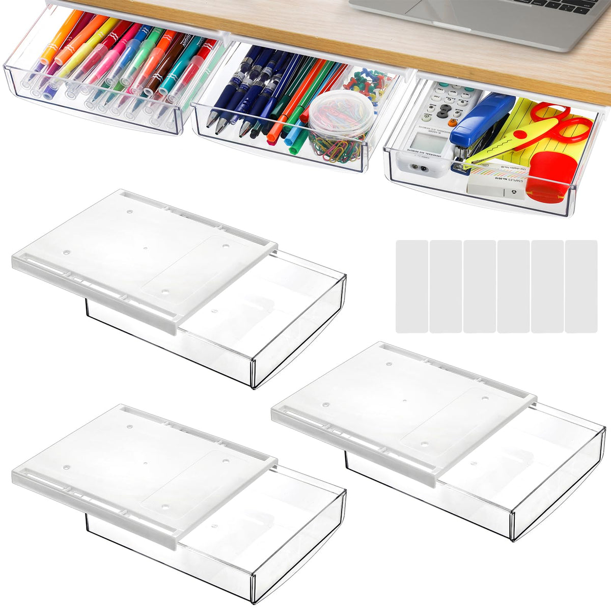 SOUJOY 3 Pack Under Desk Drawer, Self-Adhesive Slide Out Organizer Tray, Plastic Stick On Table