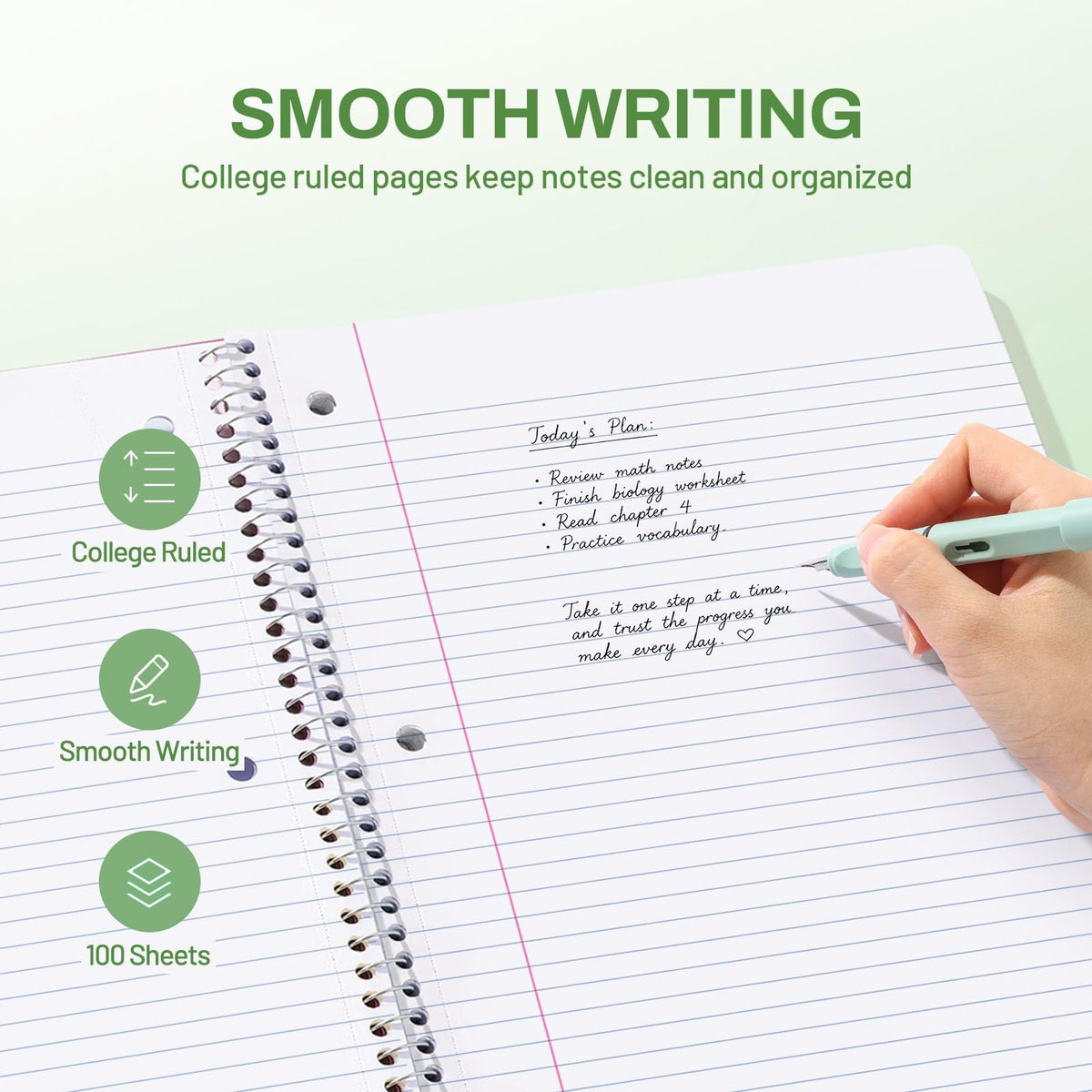 SUNEE Spiral Notebook, 1-Subject, College Ruled Paper, 8" x 10-1/2", 100 Sheets per Notebook