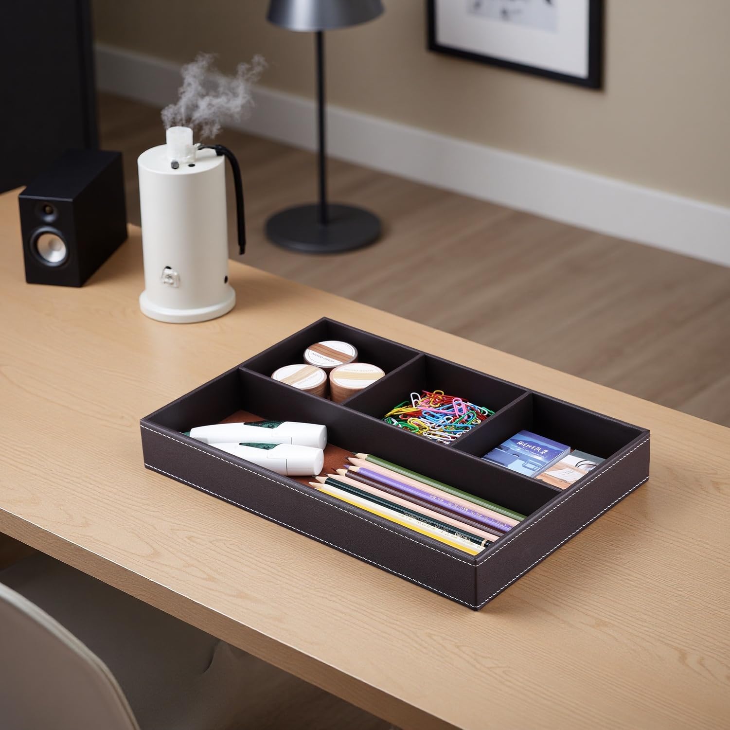 KINGFOM Pu Leather Desk Organizer Tray, 4 Compartment Office Storage Supplies Stationery Drawer