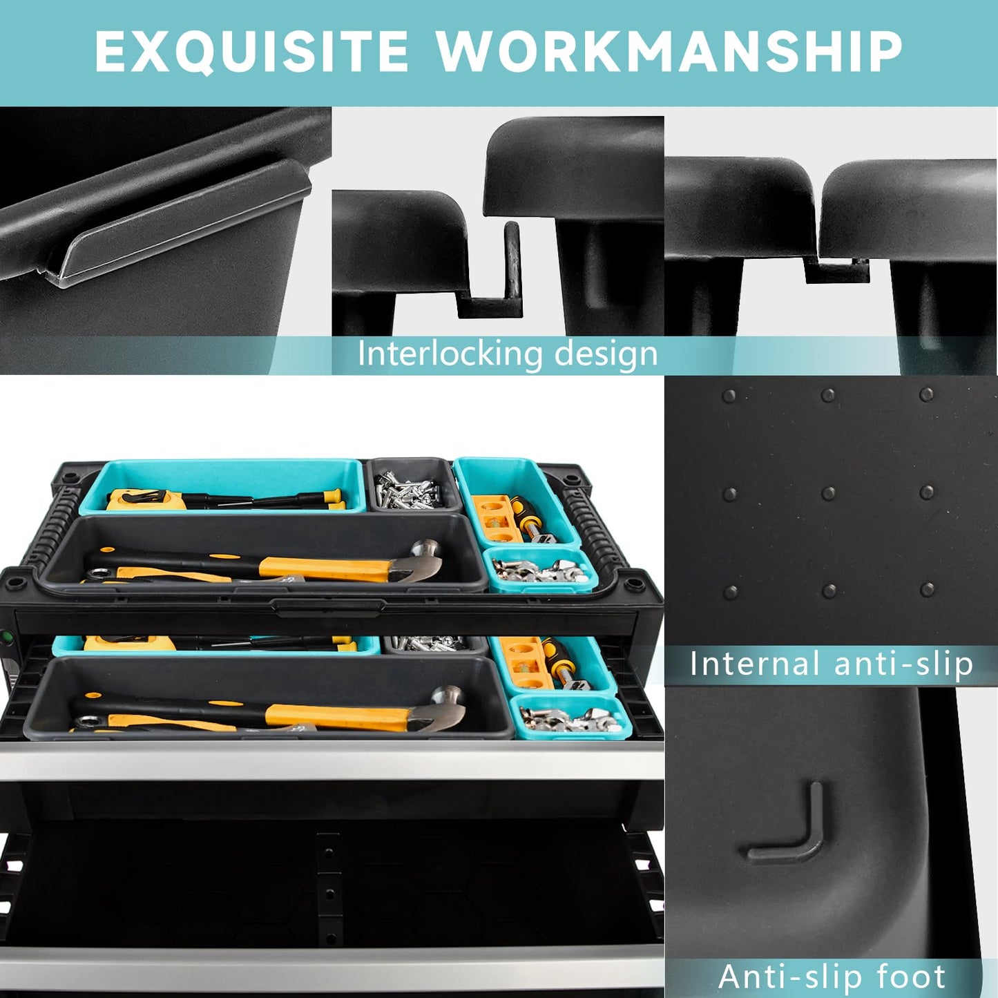 FLYVOLE Tool Box Organizer Tray, 60 PCS & 5 Sizes, Black and Sky Blue