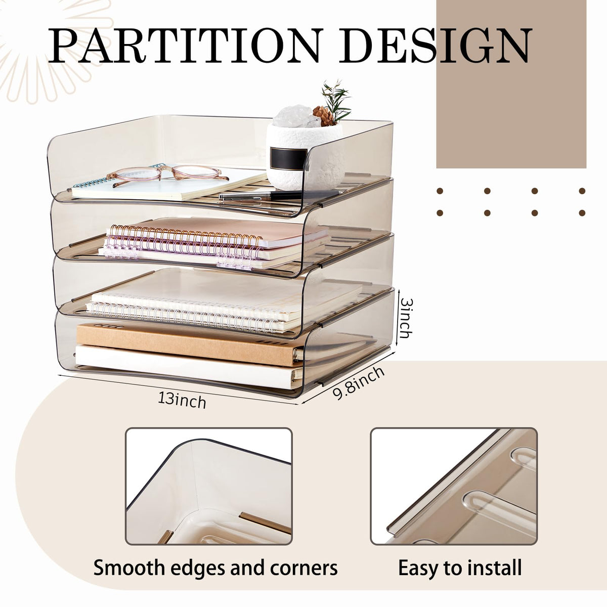 Harloon 4 Tier Paper Organizer Clear Gray Letter Tray Acrylic File Tray