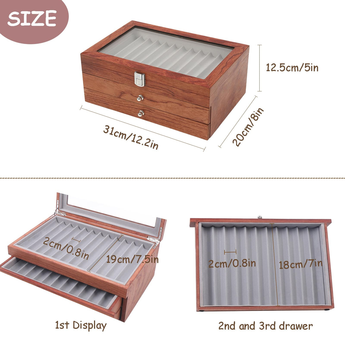 WUPYI 3 Layer Wood Pen Display Box 34 Pen Organizer Box,Pen Display Case Storage and Fountain Pen