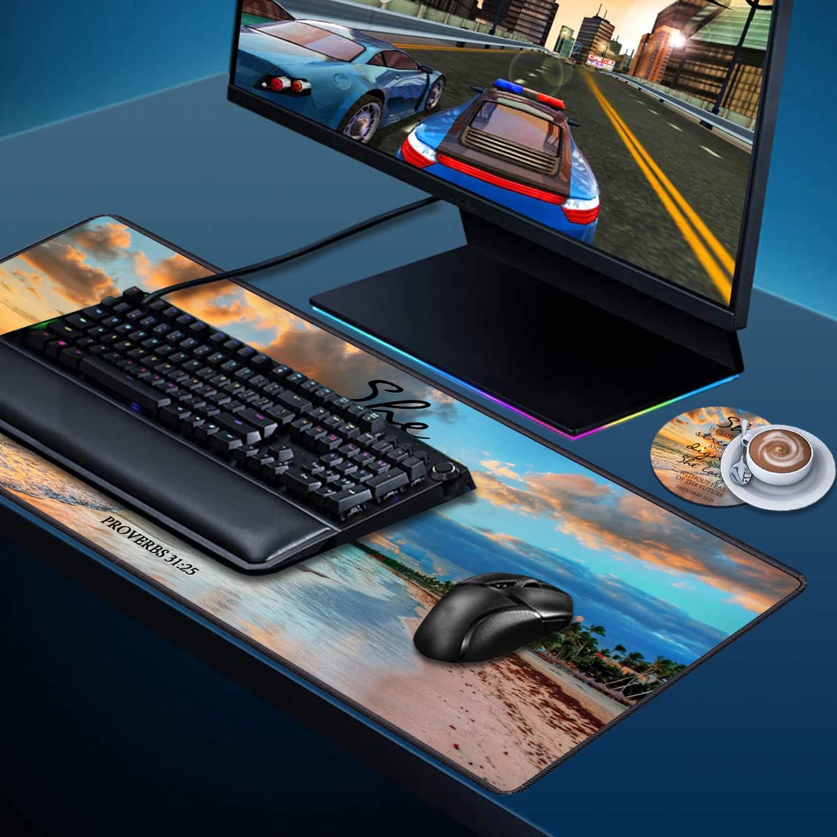 Desk Pad Mat With Coasters, 31.5"x 11.8" XXL Large Mouse Pad With Non-Slip Base and Stitched Edge