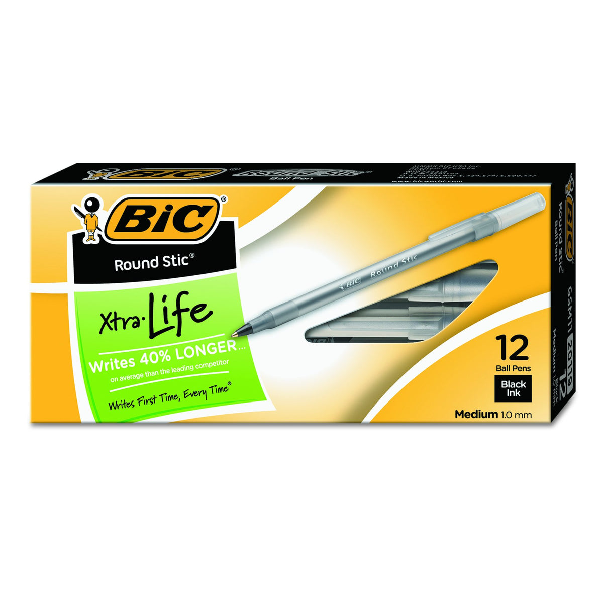 BIC Round Stic Xtra Life Ballpoint Pen, Medium Point (1.0mm), Black, Flexible Round Barrel For
