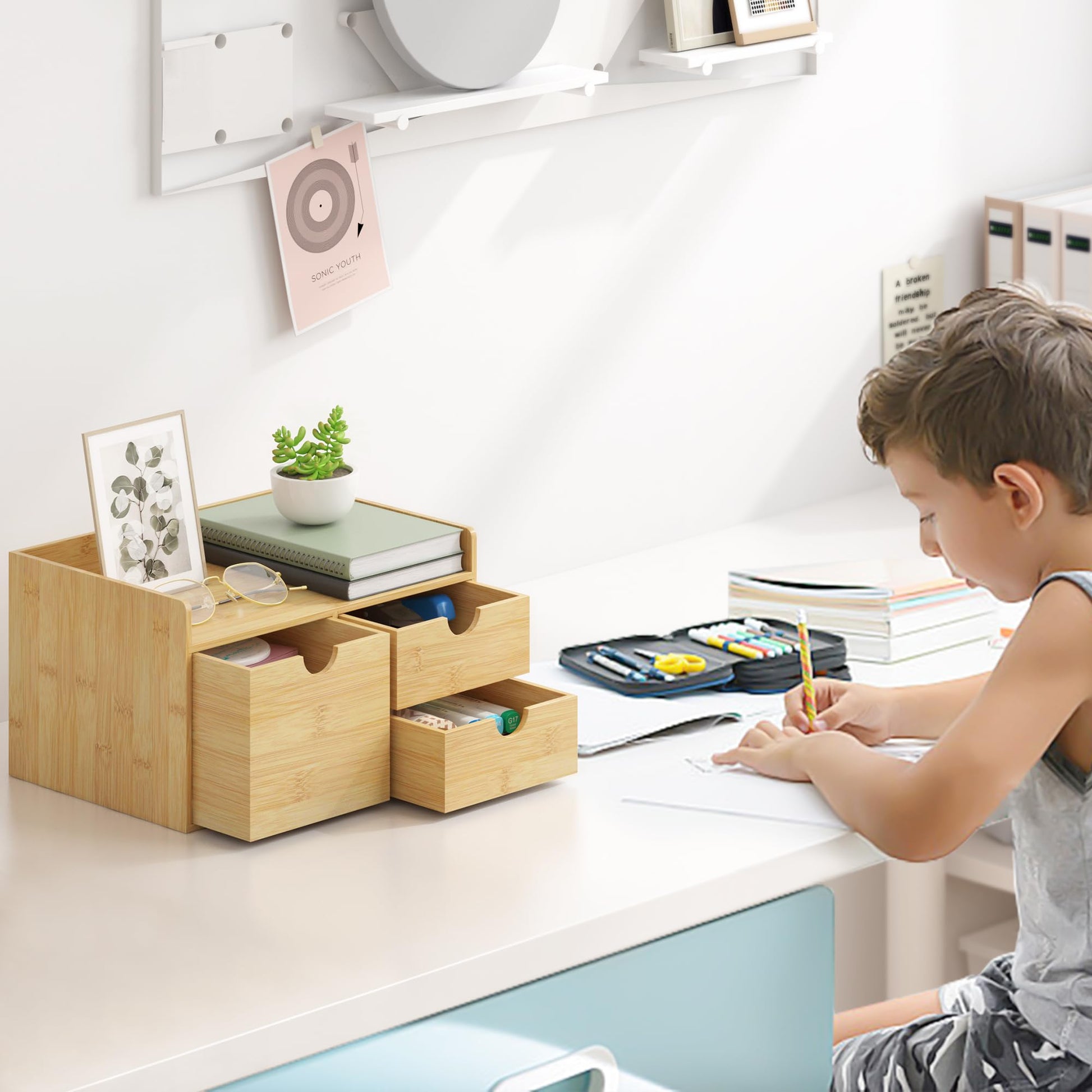 Bamboo Desk Organizer with Drawers, Desktop Storage for Office Supplies