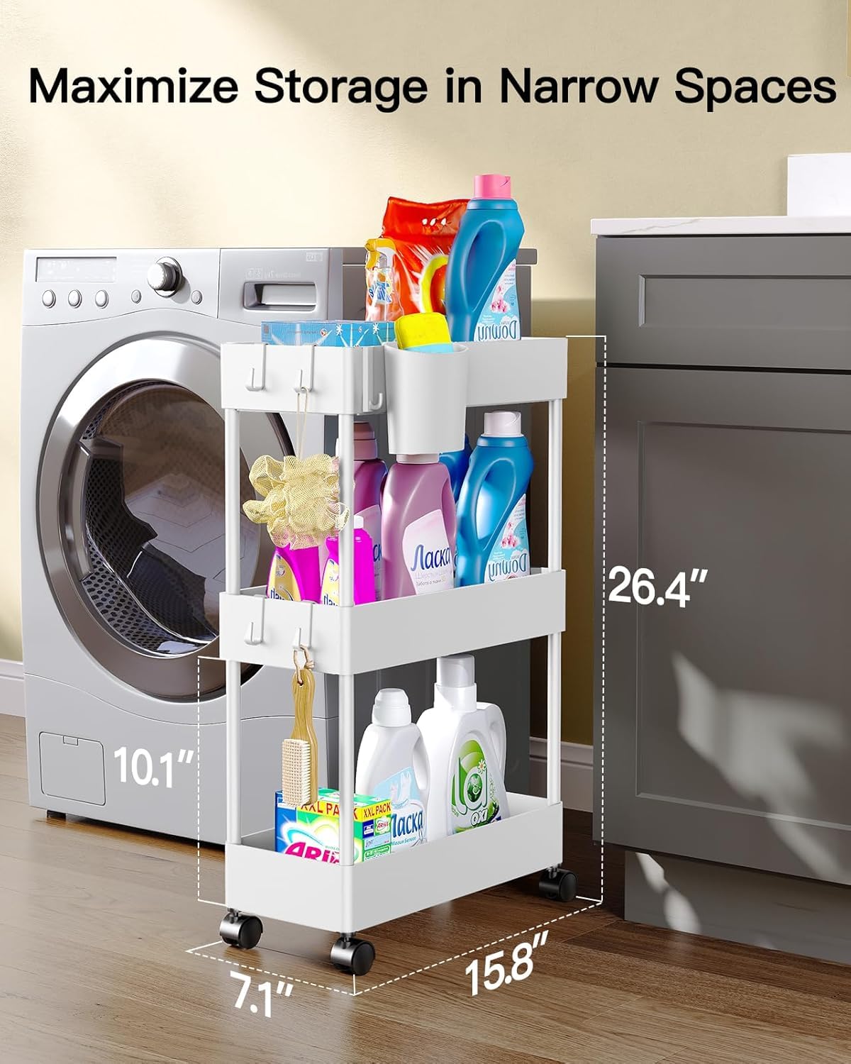 Pipishell 3 Tier Slim Storage Cart with Wheels, Bathroom Cart, White