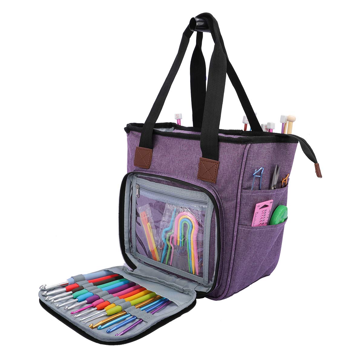 Coopay Crochet Bag w/Shoulder Strap, Yarn Storage Knitting Tote Bag-Purple