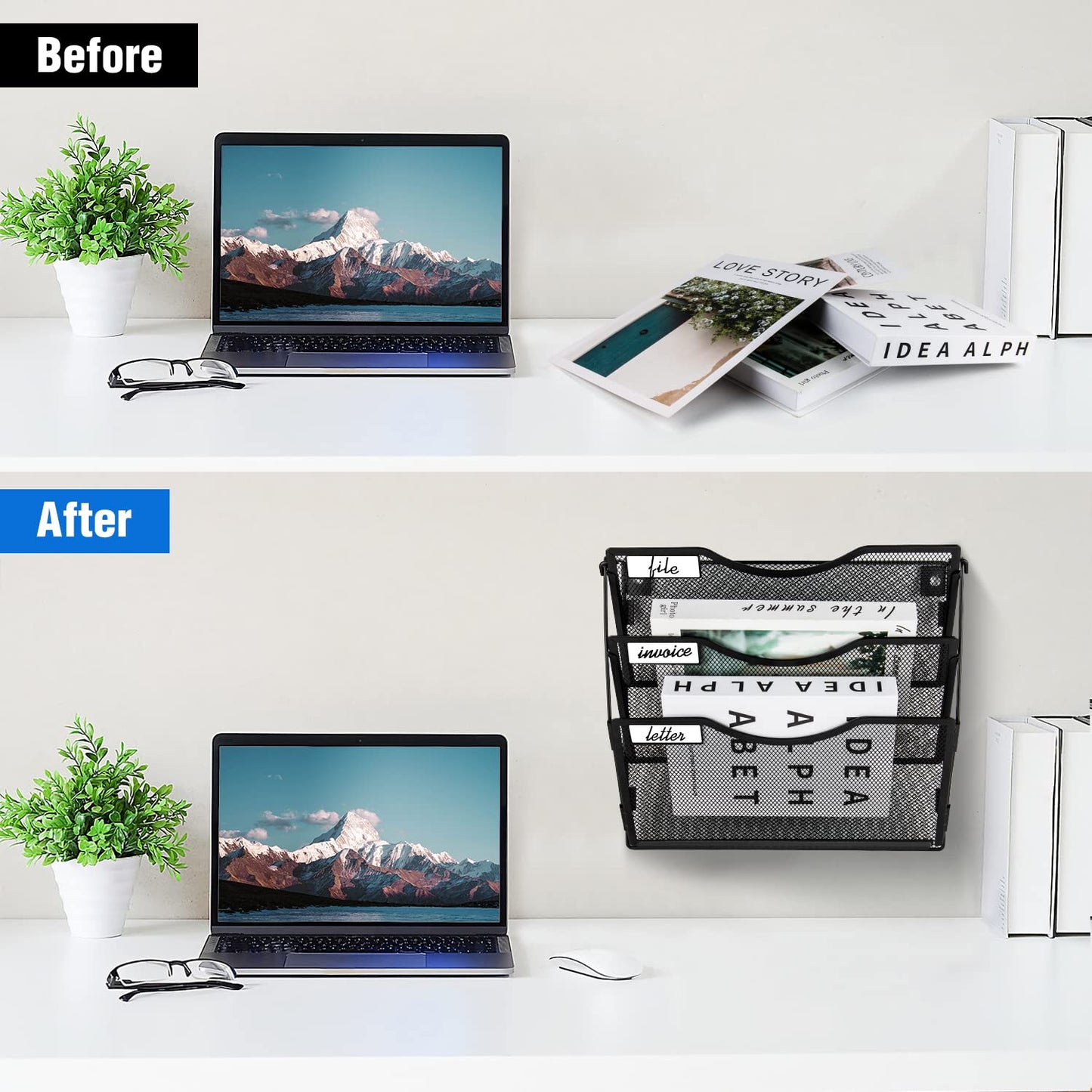 BOHDK Wall File Organizer 3 Pockets, Mail Organizer, Hanging Folder Holder, Foldable | Hanging or