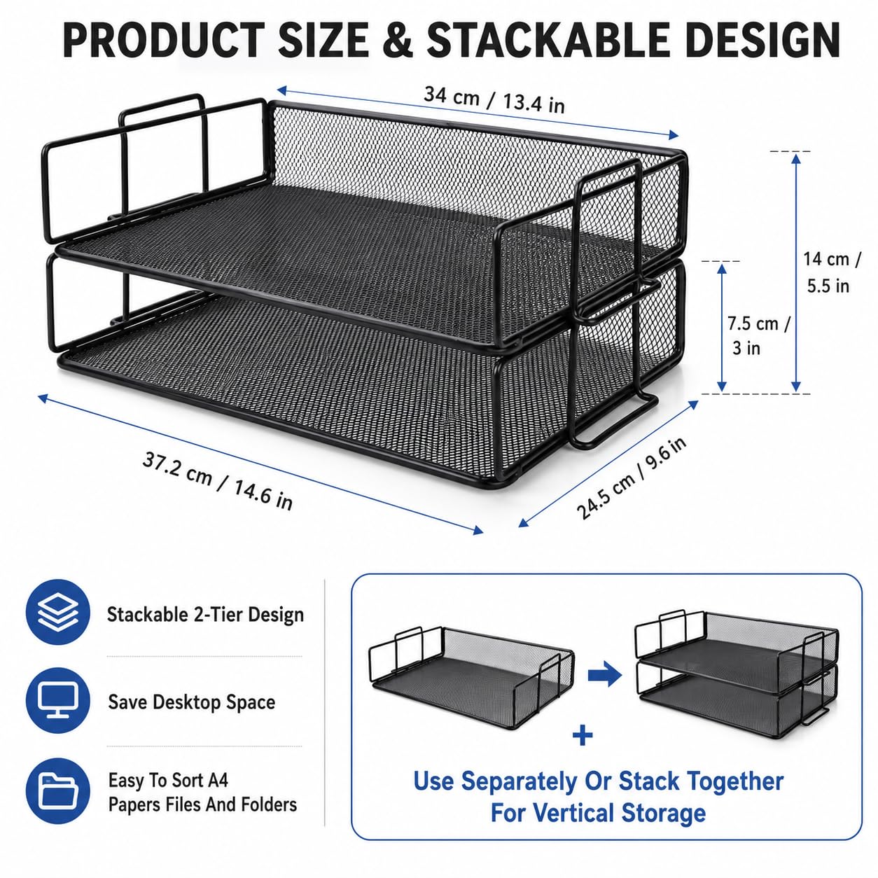 Exerz Letter Trays Stackable Paper Sorter/Desk Organiser/File Tray for Desk - Wire Mesh Metal File