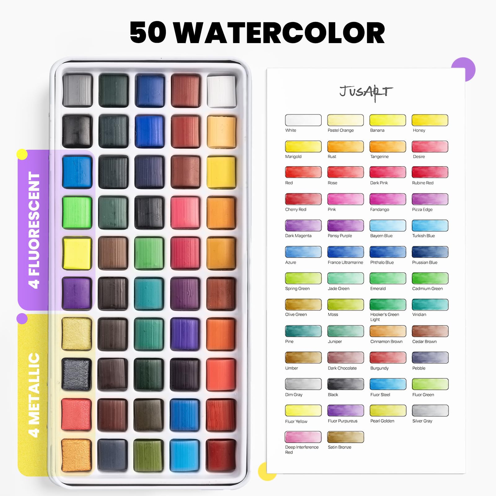 JusArt 50 Colors Watercolor Paint Set,Art Supplies Portable Paint Art Kit
