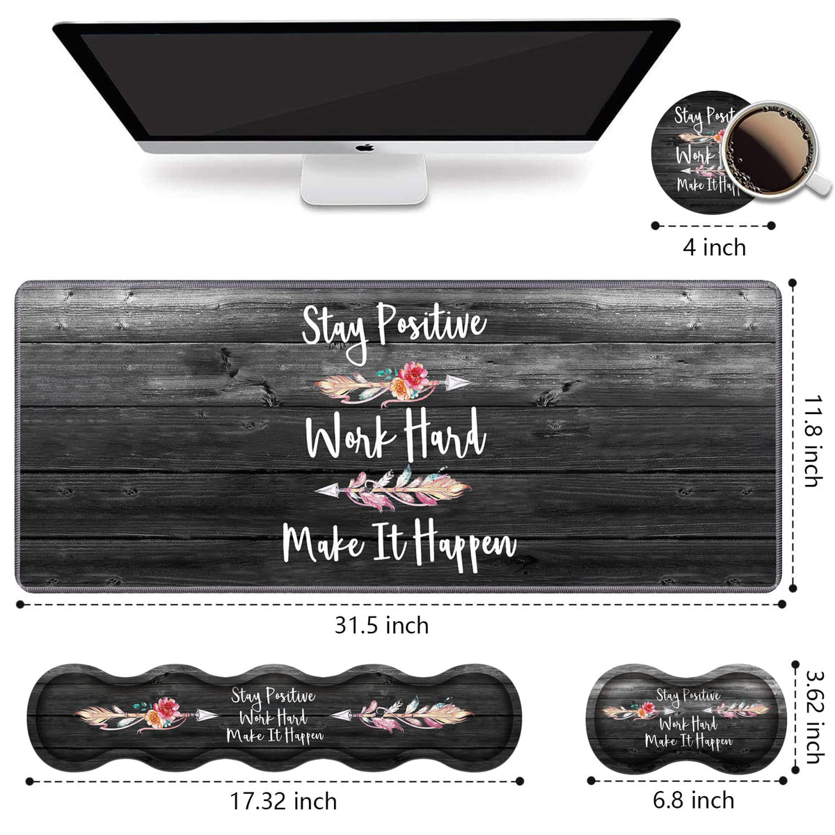 Ergonomic Keyboard Wrist Rest & Mouse Pad Wrist Rest Set, Stay Positive Work Hard and Make It