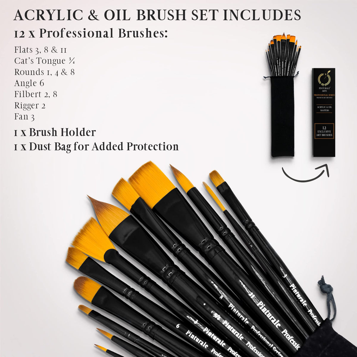 Pinturale Arts Set of 12 Acrylic Paint Brushes Professional | Acrylic & Oil Masters | Oil Painting