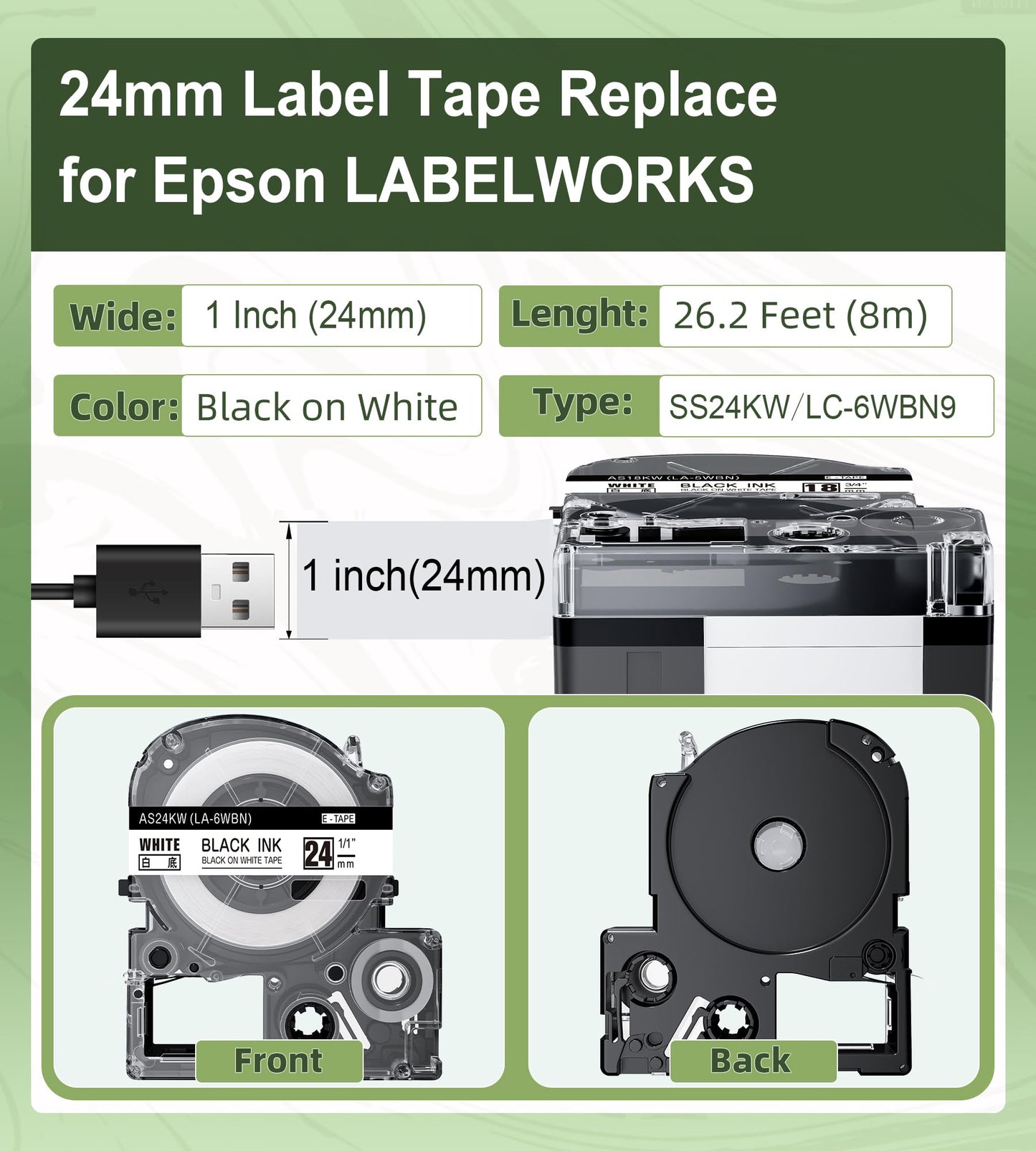 Compatible with Epson Label Maker Tape 24mm LK-6WBN SS24KW LC-6WBN9 LK