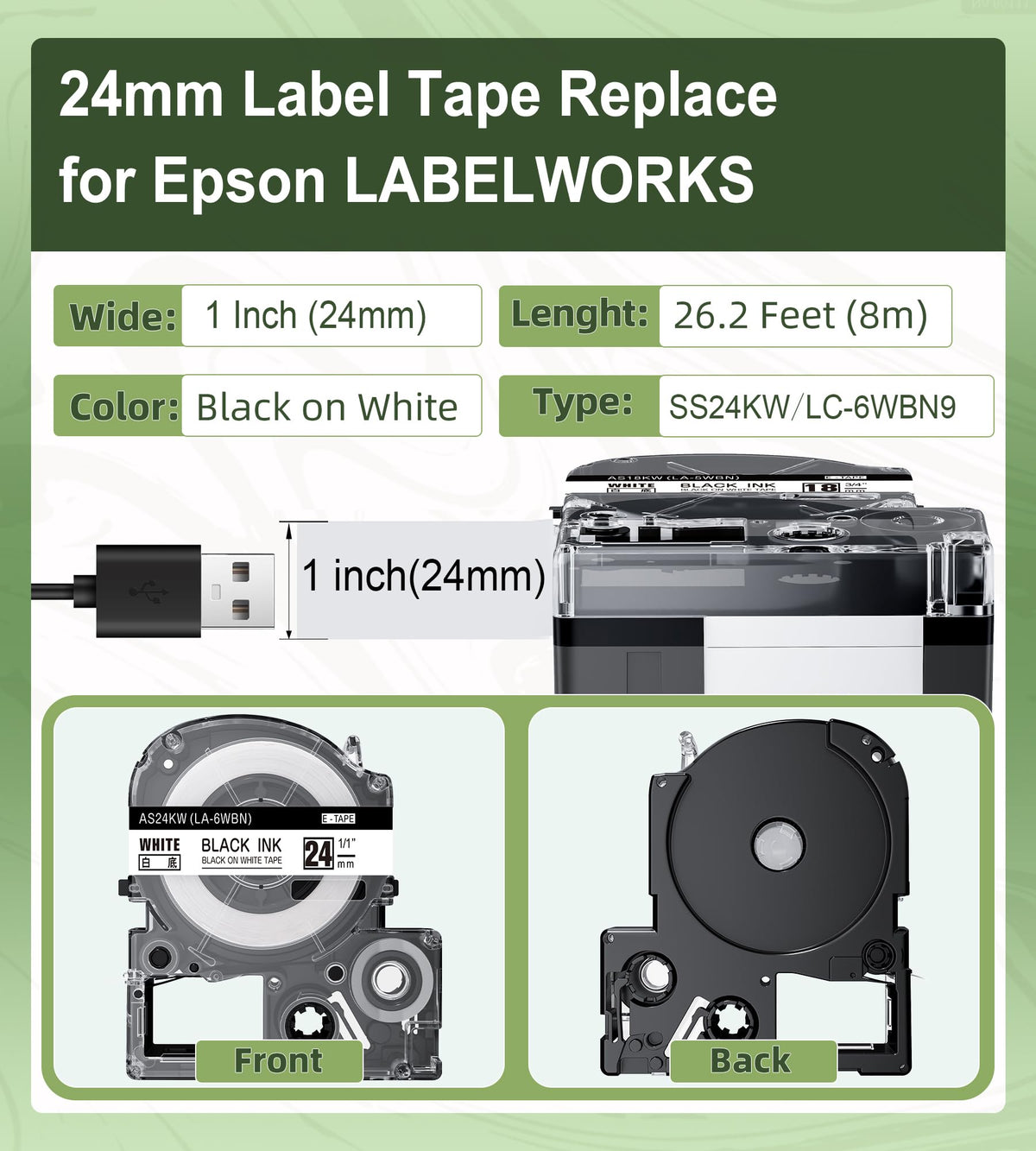 Compatible with Epson Label Maker Tape 24mm LK-6WBN SS24KW LC-6WBN9 LK
