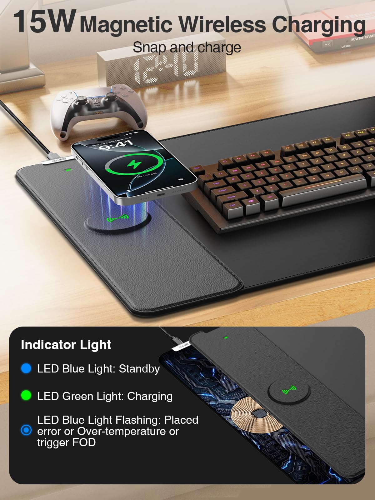Magnetic Wireless Charging Mouse Pad, 31.5"x15.8" Large Desk Mat