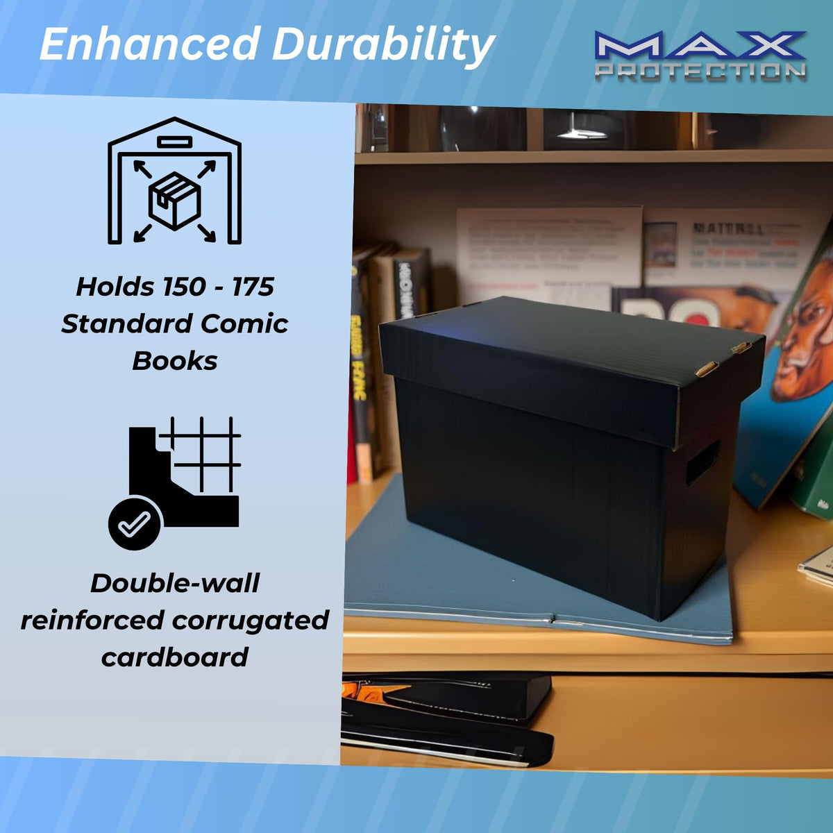 Max Protection Comic Book Storage Boxes - Short Cardboard Black Case for 150-175 Comic Books