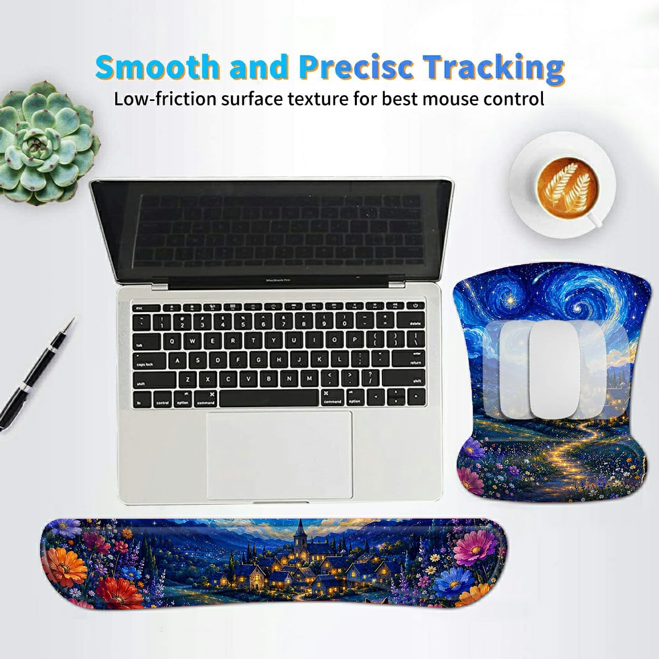 3-in-1 Ergonomic Memory Foam Keyboard Wrist Rest Pad Set, Galaxy Cat