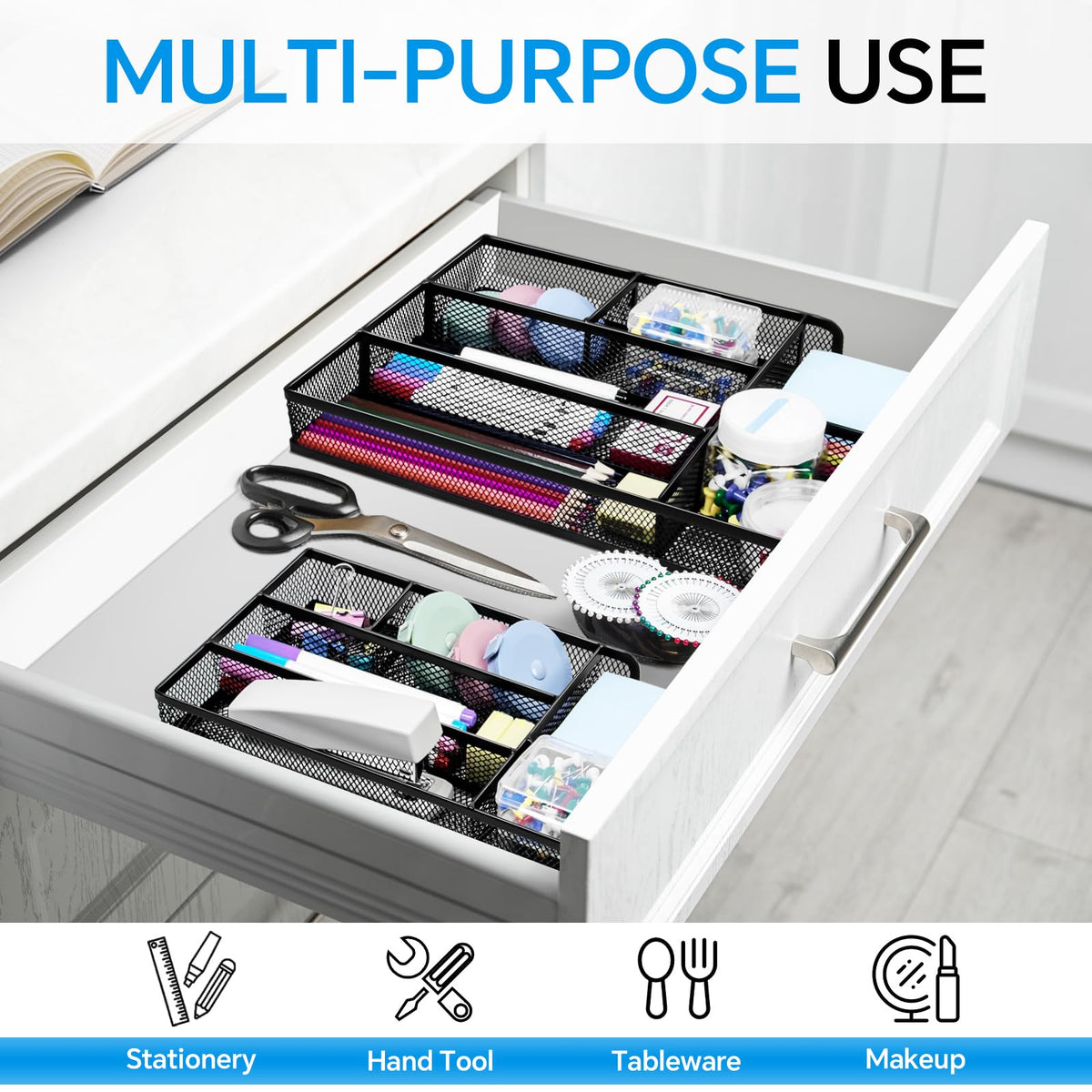 Desk Drawer Organizer, Office Drawer Divider Organizer Tray with 6 Compartments, Metal Mesh Desktop