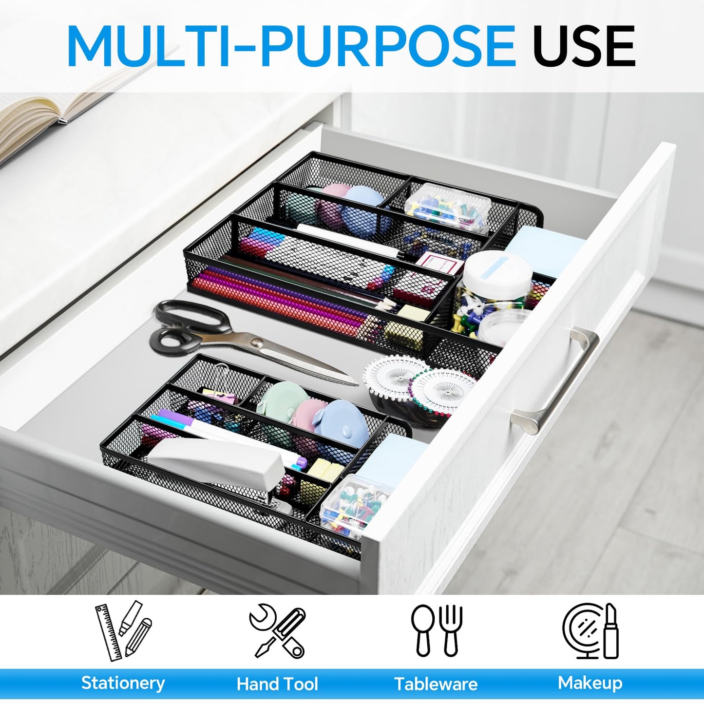 Kciplab Desk Drawer Organizer, Office Drawer Divider Organizer Tray with 6 Compartments, Metal Mesh