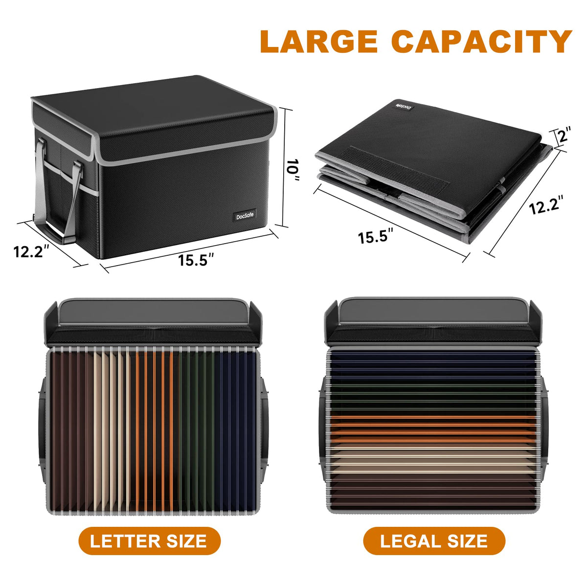 DocSafe File Box Fireproof File Storage Organizer with Lid,Collapsible Document Storage Filing Case