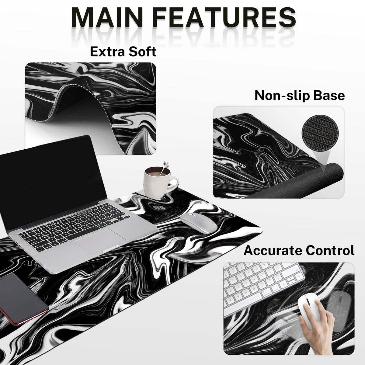 Britimes Keyboard Mouse Pad Set, 4 in 1 Desk Mat Set, Black White Marble