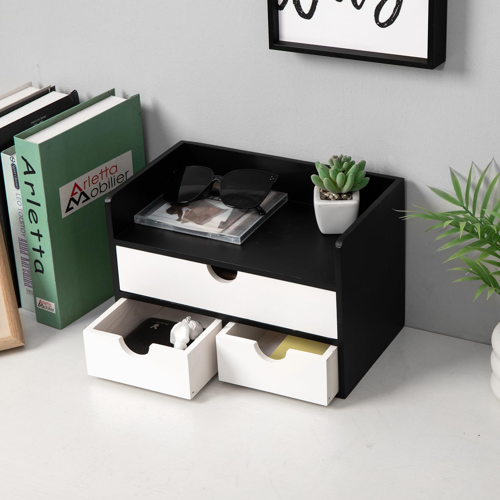 Rustic Wood Desk Organizer with Drawers,3-Drawer Desktop Storage Box