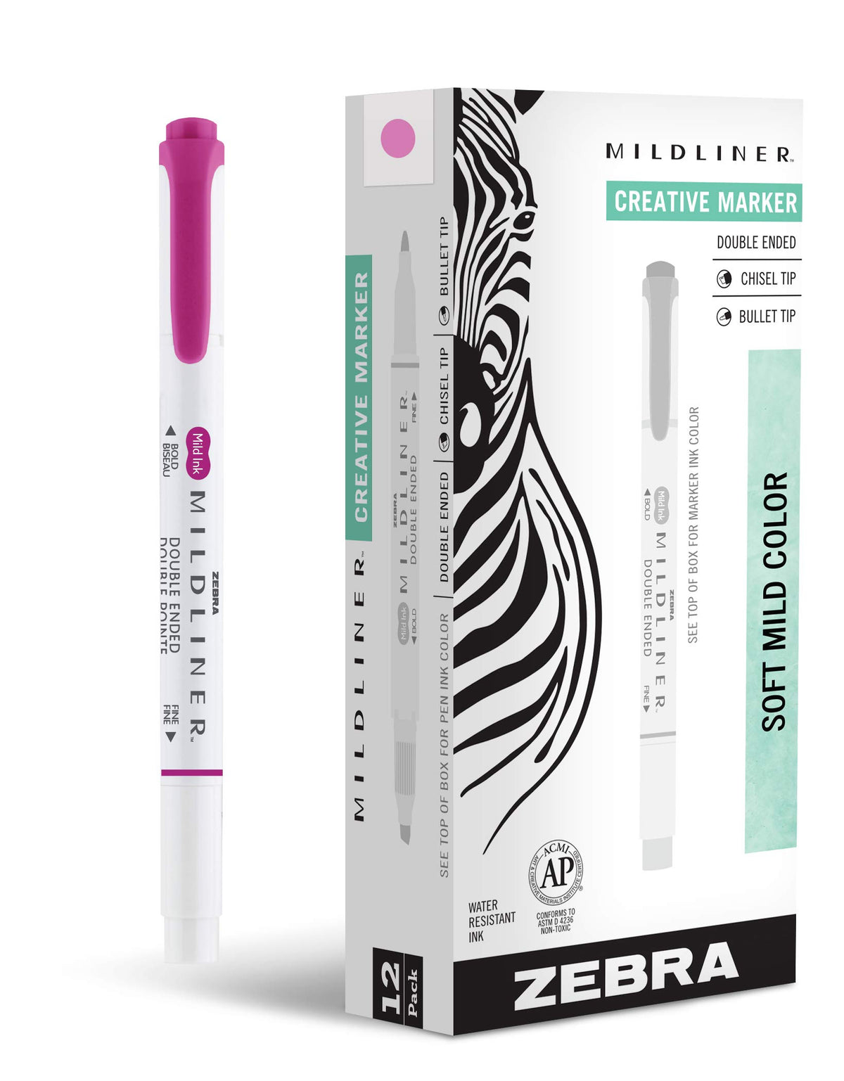 Zebra Pen MILDLINER No Bleed Highlighter, Fuchsia Color, Dual Tip, 12-Pack