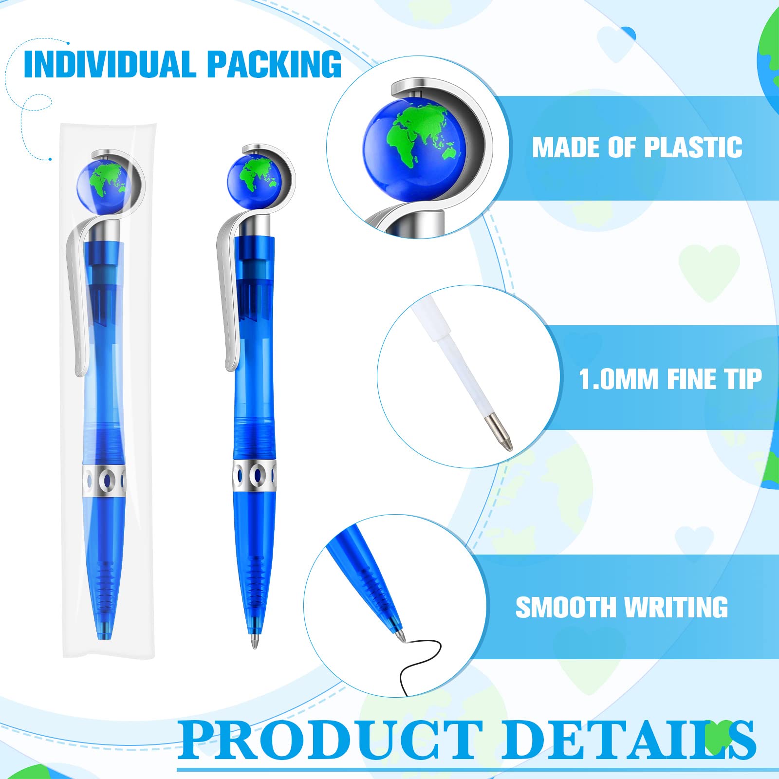 Teling 100 Pcs Earth Retractable Cute Globe Pens Bulk 1.0 mm Tellurion Shape Earth Day Black Ink
