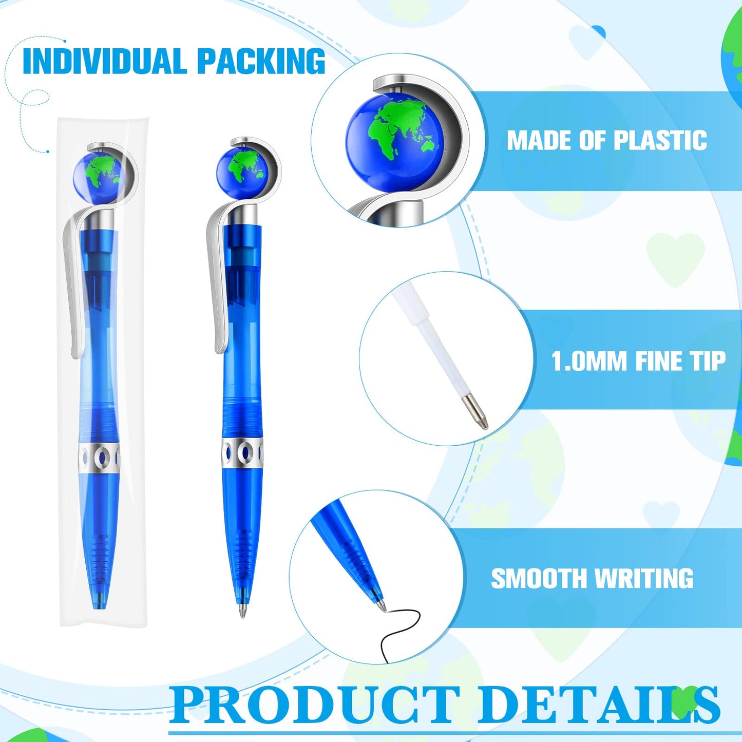 Teling 200 Pcs Earth Retractable Cute Globe Pens Bulk 1.0 mm Tellurion Shape Earth Day Black Ink